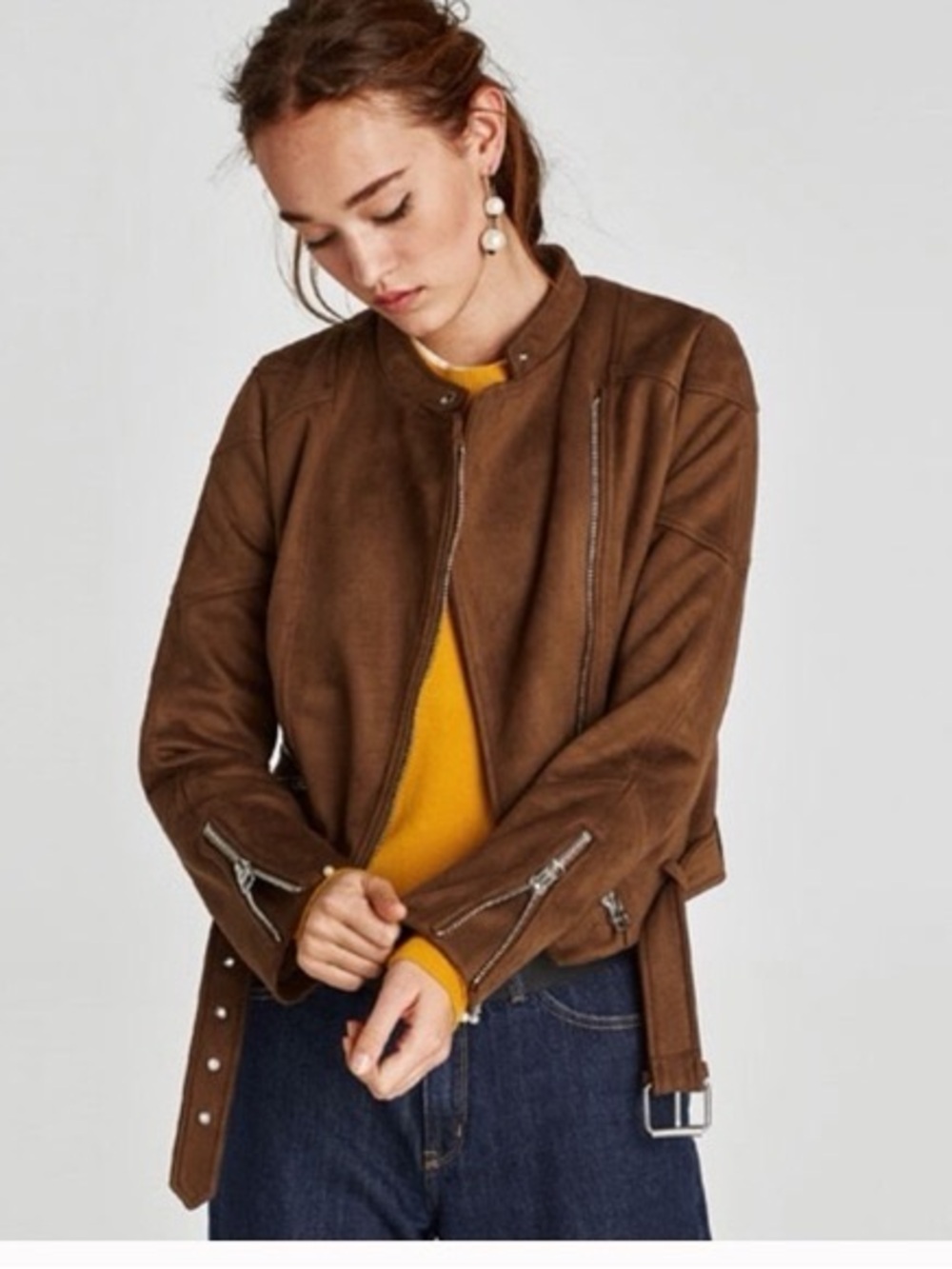 Zara Brown Faux Suede Biker Jacket with Belt